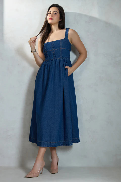 The Glamoraa Trend Madeleine Flared Denim Midi Dress