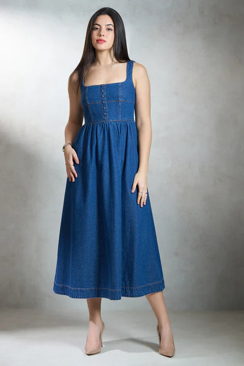 The Glamoraa  Trend Madeleine Flared Denim Midi Dress