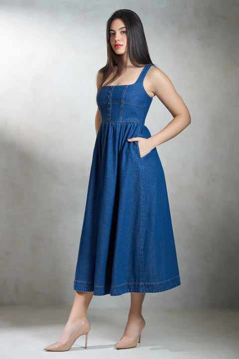 The Glamoraa  Trend Madeleine Flared Denim Midi Dress