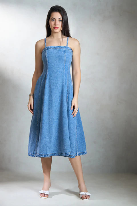 Glamoraa Eoie Banded Denim Midi Trending Dress