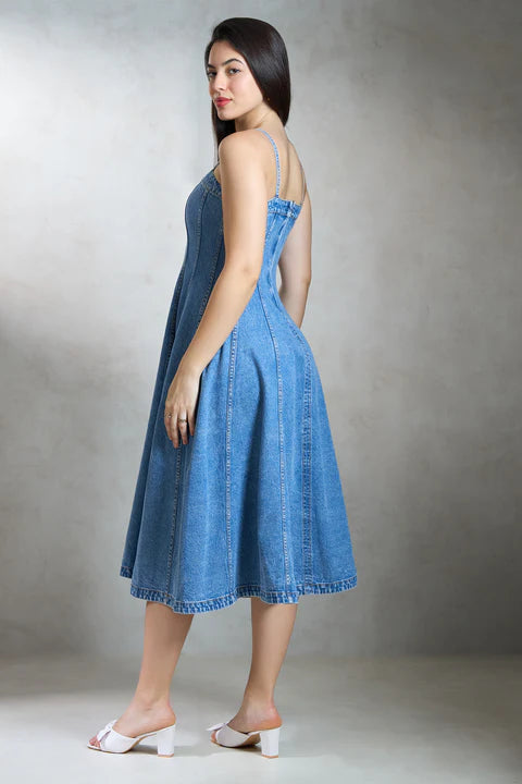 Glamoraa Eoie Banded Denim Midi Trending Dress