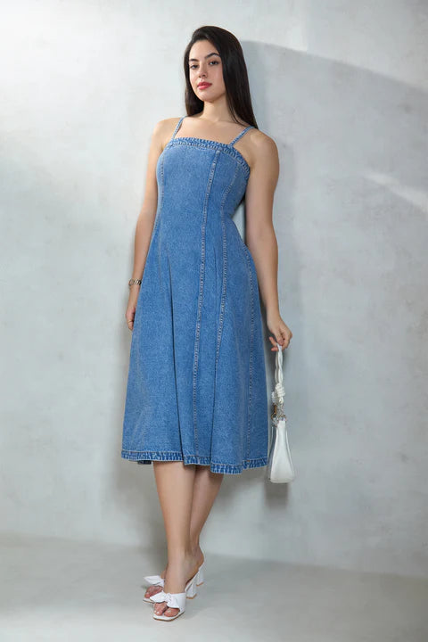 Glamoraa Eoie Banded Denim Midi Trending Dress