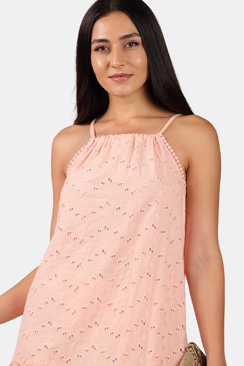 The Glamoraa Cotton Schiffli Halter Kurti Style maxi Dress