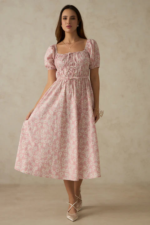 The Glamoraa Maura Tie-Up Front Cotton Dress – Blush Pink