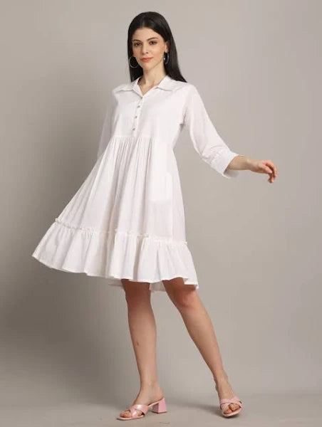 Buy Delhi Look White Solid A-Line Cotton Shirt Dress Online