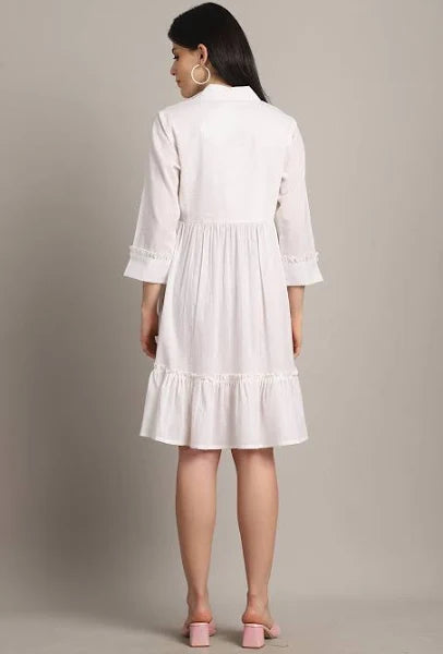 Buy Delhi Look White Solid A-Line Cotton Shirt Dress Online