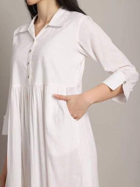 Buy Delhi Look White Solid A-Line Cotton Shirt Dress Online