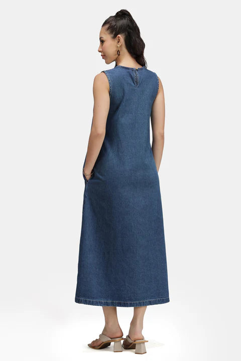 Glamoraa Sleah Denim A-Line Midi Denim Dress