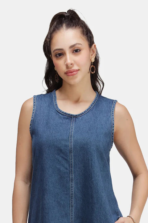 Glamoraa Sleah Denim A-Line Midi Denim Dress