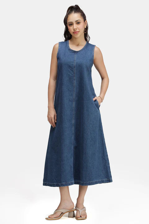 Glamoraa Sleah Denim A-Line Midi Denim Dress