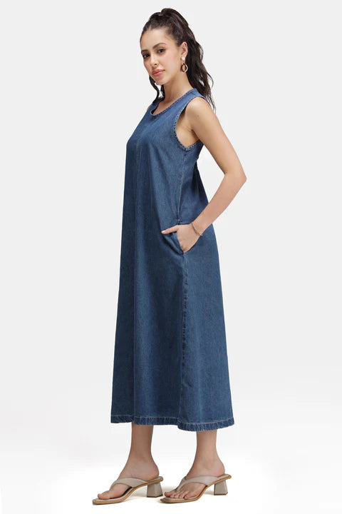 Glamoraa Sleah Denim A-Line Midi Denim Dress