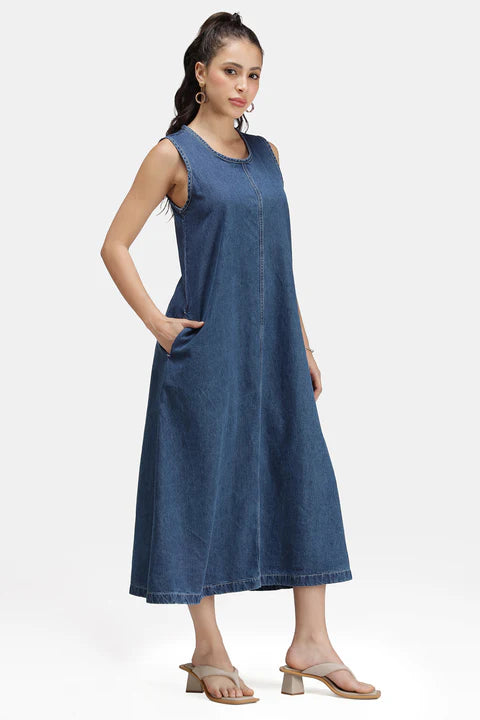 Glamoraa Sleah Denim A-Line Midi Denim Dress