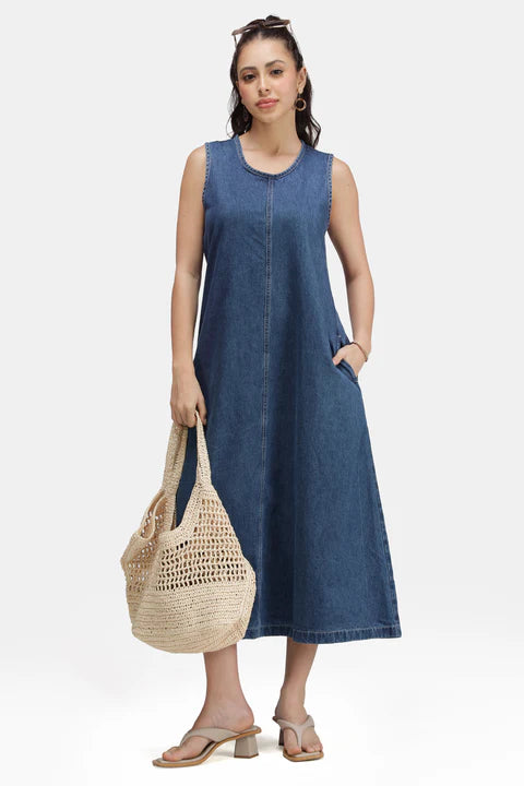 Glamoraa Sleah Denim A-Line Midi Denim Dress